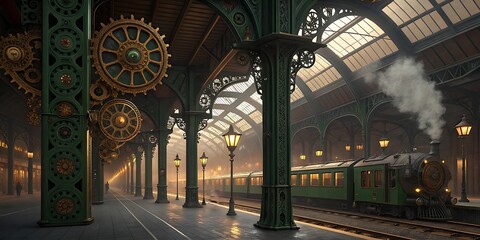 Steampunk train station with intricate gears and a vintage train emitting steam, evoking a sense of industrial revolution fantasy.