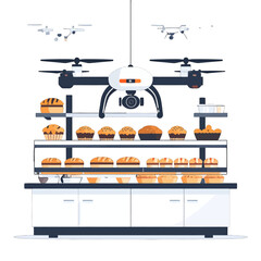 Pixelated Bakery Delivery with Drones Featuring Pastries on White Shelves and Counter in a Minimalist Style