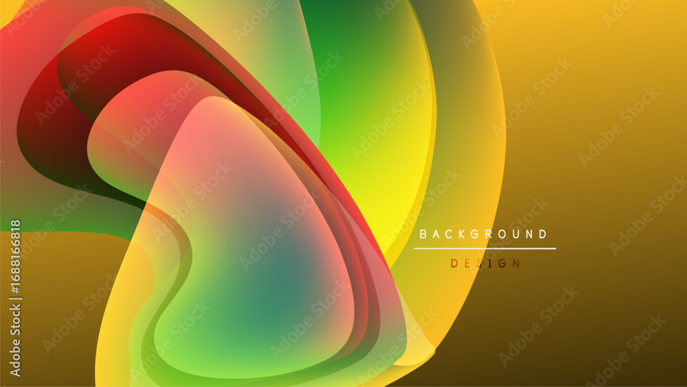 Poster abstract colorful shapes overlap, creating dynamic visual effect. background transitions from dark t
