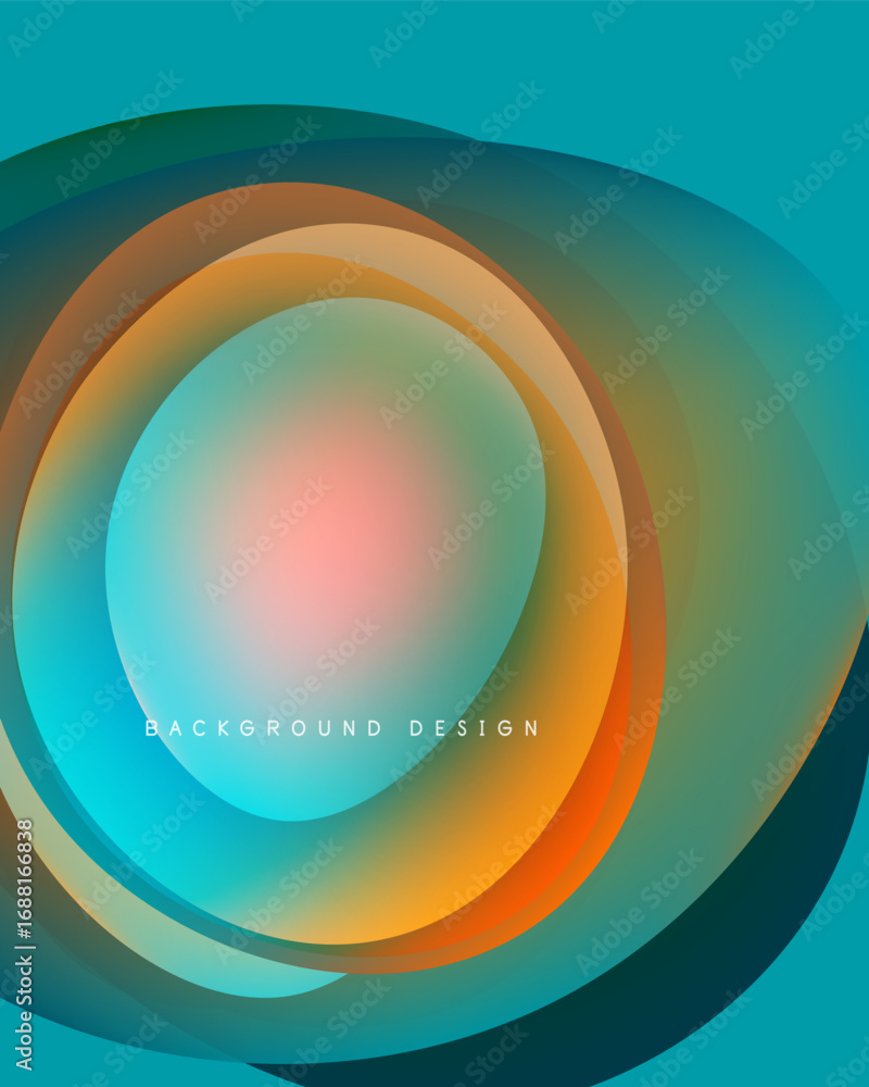 Poster abstract concentric circles, vibrant colors blend. orange, teal, yellow create dynamic visual effect