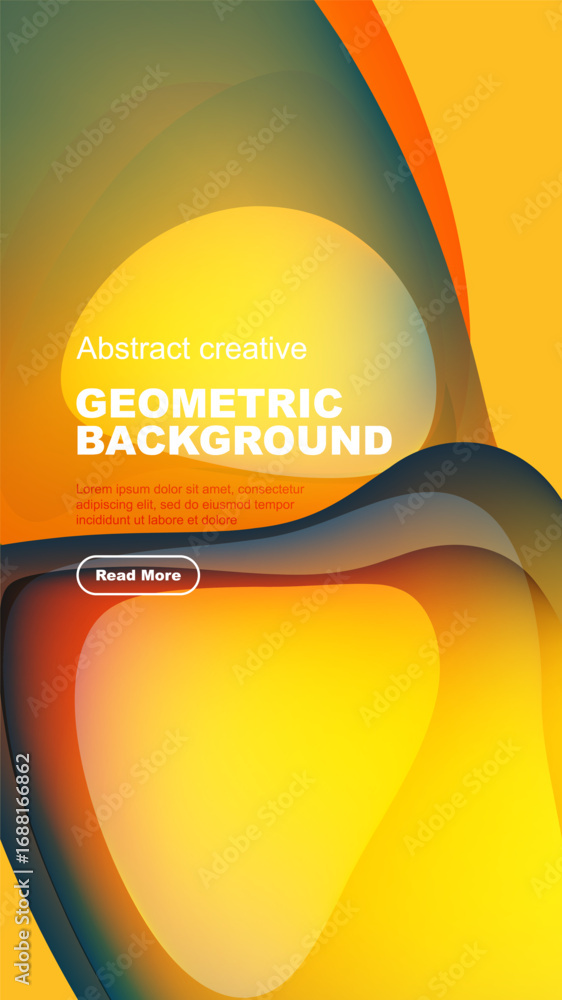Poster Abstract geometric background features vibrant colors, overlapping shapes, text, button. Modern design for digital projects.