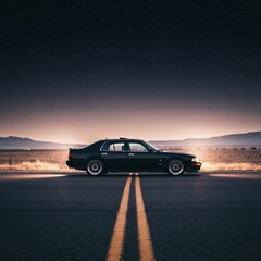 Black sedan on a lonely desert road under a vast starry night.