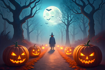 Digital art of a dark spooky forest with full moon, carved pumpkins, person walking on dirt path, haunted Halloween atmosphere, ghostly trees, PNG file isolated on transparent background