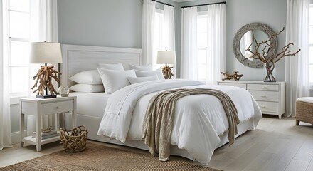 Serene coastal bedroom with white bedding and driftwood accents
