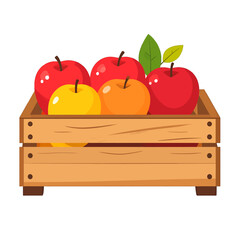 Wooden Crate Filled with Red Yellow and Orange Apples Still Life Illustration on White Background