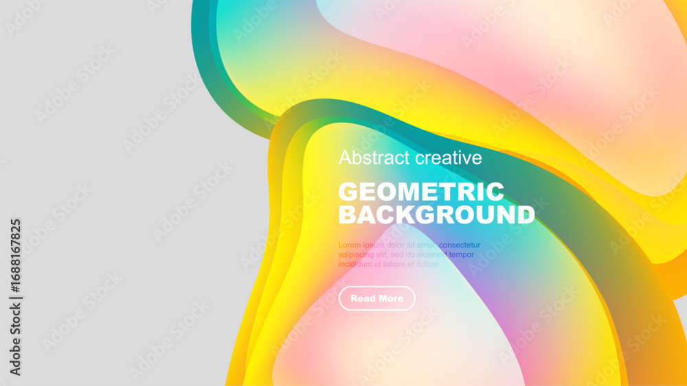 Poster Vibrant abstract shapes overlap, creating colorful geometric background. Text block with button present. Modern design elements visible.