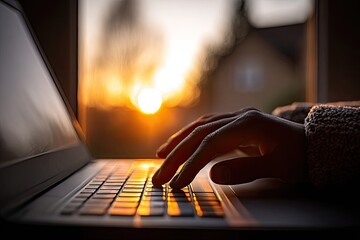 Close-up of hands typing on laptop, sunset through window