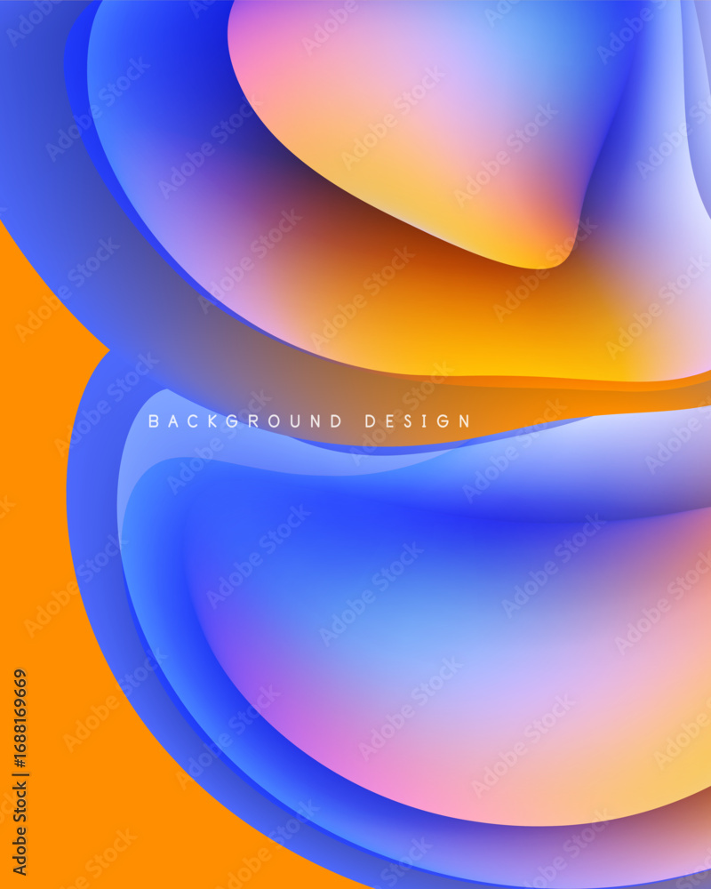 Poster abstract fluid shapes blend vibrant orange, blue, purple hues. smooth gradients create dynamic visua