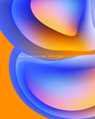 Abstract fluid shapes blend vibrant orange, blue, purple hues. Smooth gradients create dynamic visual effect. Modern design element.