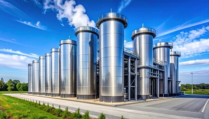 Modern industrial factory with tall metal silos and blue sky background, representing manufacturing, energy production, and advanced technology.