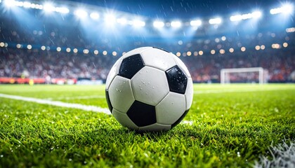 Fototapeta premium Close-up of a soccer ball on wet green grass under bright stadium lights, capturing the excitement and energy of a football match night.