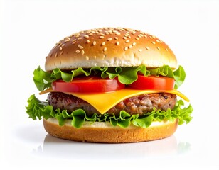 Delicious cheeseburger with juicy beef patty, fresh lettuce, tomato, and melted cheese in a sesame bun, perfect for a tasty fast food meal.