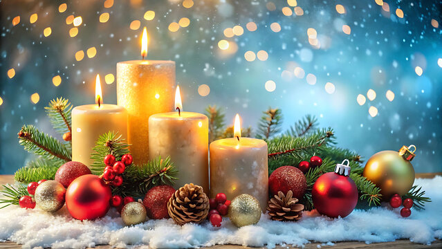 Christmas decorations with glowing candles and traditional holiday ornaments