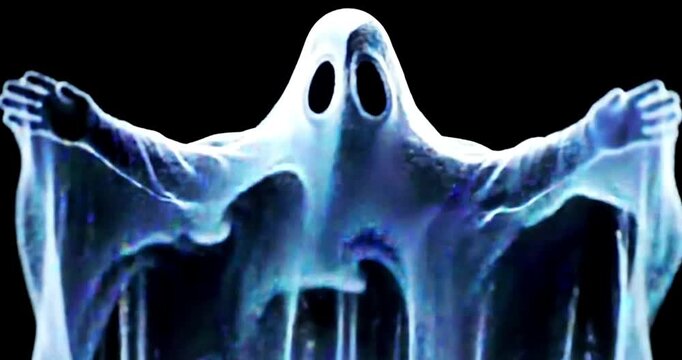 A translucent ghost with outstretched arms floating against a stark black background in a spooky scene