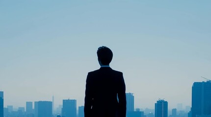 A video showing a male model in a suit gazing at the spectacular cityscape from a building rooftop - Powered by Adobe
