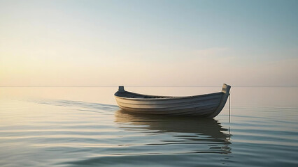 Fototapeta premium Vintage Wooden Sailboat on Calm Water with Beautiful Sunset Sky