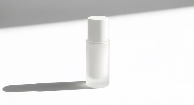 Minimalist mockup of a frosted glass rollerball bottle for serum or perfume with hard sunlight and shadow on a white background.