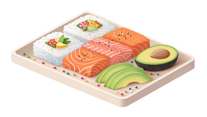 Salmon rice avocado sushi platter isolated on a transparent background food