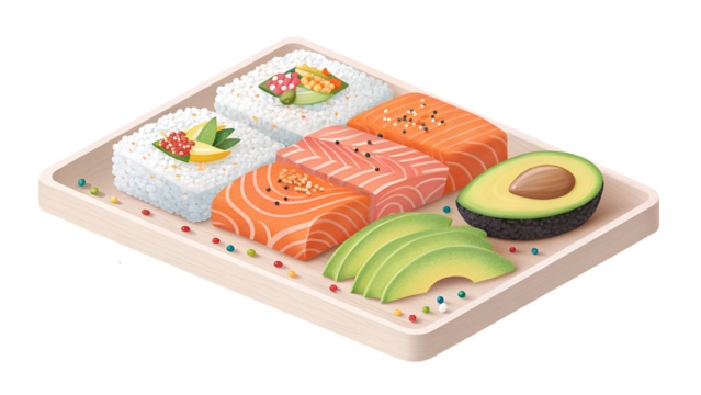 Salmon rice avocado sushi platter isolated on a transparent background food - Powered by Adobe