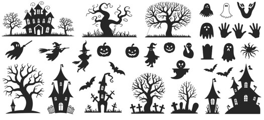 Halloween haunted house, ghost, pumpkin, bat, witch, grave, tree, vector silhouette set, spooky night elements, flat illustration design.