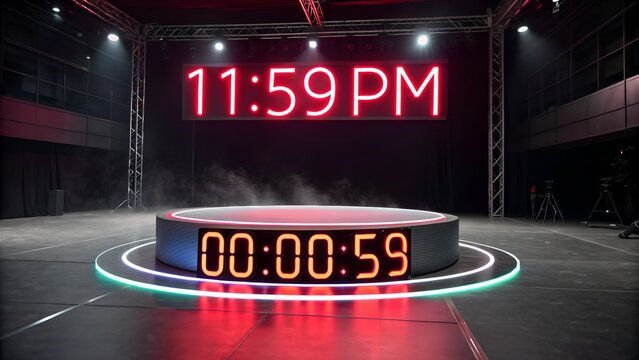 Minimalist black friday stage with neon pink countdown timer flashing 11:59 PM and 00:00:59, central round podium illuminated by spotlights against a dark background