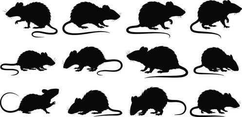 Rat silhouettes, black rodent illustrations, various rat poses, animal vector icons, mouse shapes, pest control symbols, wildlife clipart, flat style design.