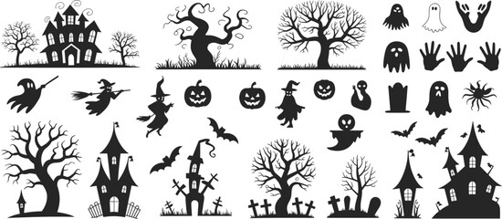 Halloween haunted house, ghost, witch, bat, tree, pumpkin vector illustration, spooky night elements, flat silhouette design, editable graphics set.