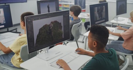 Primary School Students Working on Computers, Creating 3D Objects in Design Software, Studying Animation, Game Development and Digital Art. Diverse Kids Practicing 3D Modeling. Creative STEM Learning. - Powered by Adobe
