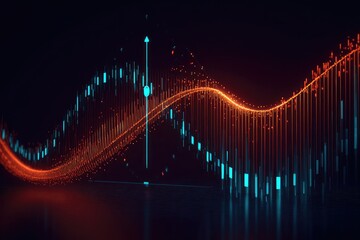 Abstract financial data visualization, glowing orange-teal lines and points