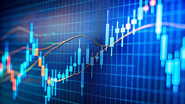 Closeup financial chart with uptrend line and glowing candlestick analysis - Powered by Adobe