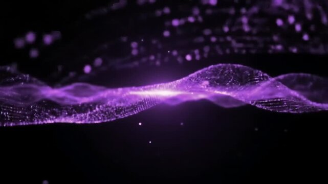 Abstract purple particles form flowing, dynamic waves against a black background.