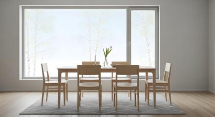 Modern dining room with wooden table and chairs and large window