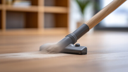 Vacuum cleaner removing dust from wooden floor at home