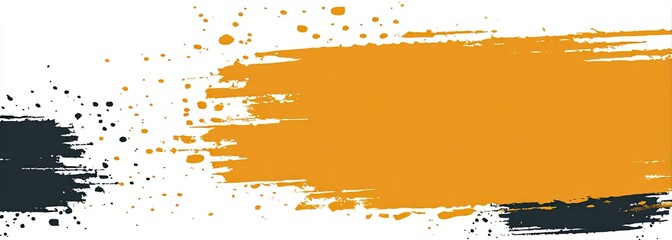 Abstract paint splatter design with orange and black brush strokes on a white background