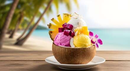 Tropical ice cream dessert served in a coconut shell with fruit and flowers on a beach background
