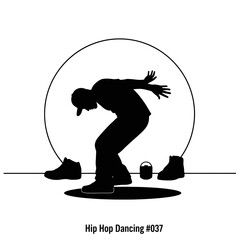 Dynamic silhouette of a hip hop dancer mid-move, showcasing urban style and energetic street dance artistry within a bold circular frame.