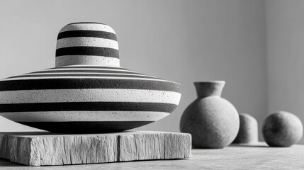 Striped ceramic vase on wood, gray background