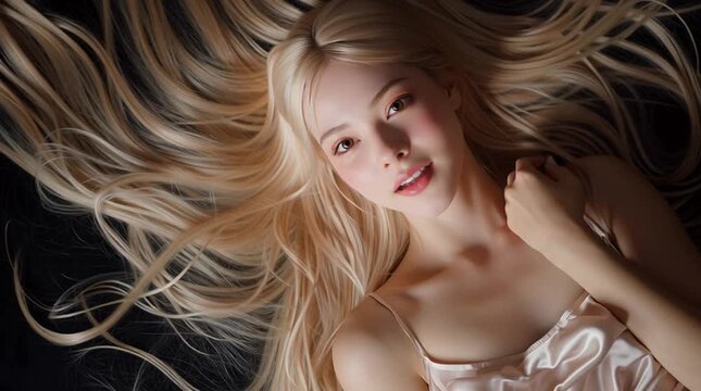 A video of a beautiful blonde model from Korea and Japan lying on a black background, shot from directly above.
