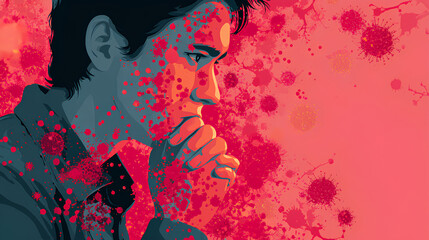 Measles outbreak as a very contagious disease medical concept as a person with a viral illness infection spread as Koplik spots on the skin and the dangers of spreading the infectious virus.