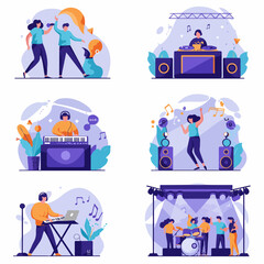 Various illustrations depicting people engaged in musical activities like singing, DJing, playing instruments, dancing, and band performances.