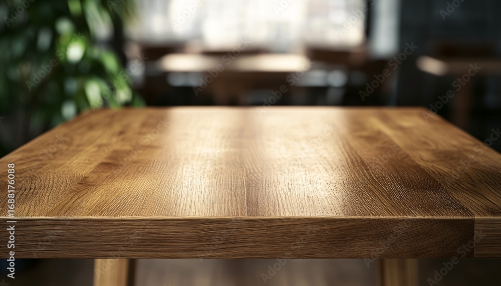 Poster a close-up shot shows a polished wooden table with a blurred background of a cafe with tables and ch