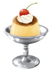 レトロな銀色の足付き皿にのったおしゃれなプリン