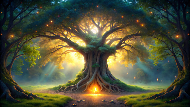 Glowing enchanted ancient tree portal magical fantasy illustration - Powered by Adobe