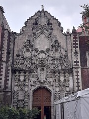 Colonial church facade with stone details