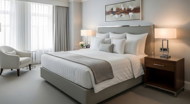 Luxurious hotel bedroom with kingsize bed and armchair