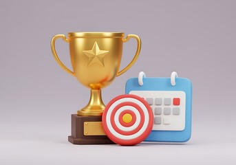 Golden Trophy with Star Calendar and Target Achieving Success and Goals Deadline Planning Business Competition and Time Management