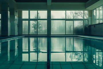 Empty indoor swimming pool with emerald green water