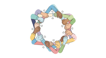 Diverse Hands Joined in a Circle Symbolizing Unity, Collaboration, and Global Harmony for Social Initiatives and Community Engagement Projects