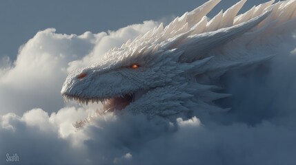 Majestic white dragon head emerging from clouds