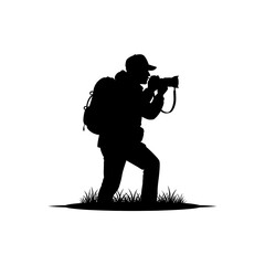 Naklejka premium Adventurous silhouette of a photographer capturing nature's beauty with a professional camera and backpack, ready for exploration.